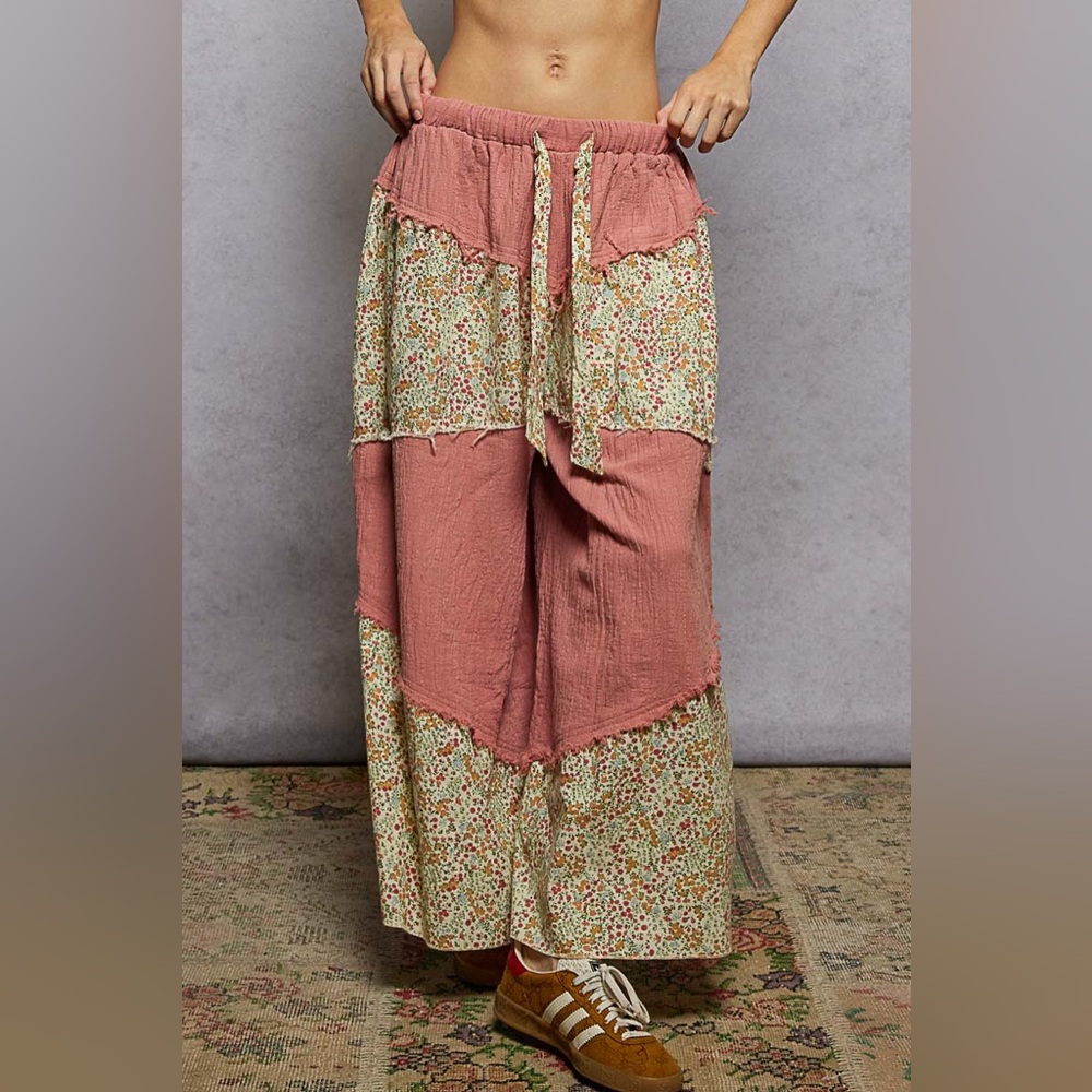 POL Wide Leg Patchwork Pants in Dusty Rose and Floral